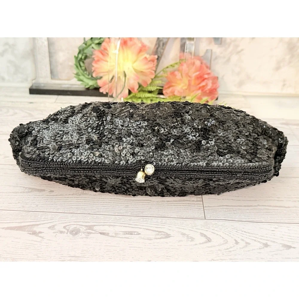 Vtg Magid Black Beaded Clutch Evening Purse Bag Made in Japan With 2 Side Mirror